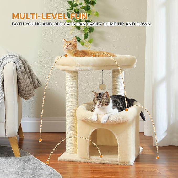 PEQULTI Cat Tree Tower for Large Indoor Cats, Extra Large Perch, Beige | Sisal wrapped scratch posts, oversized resting perch, sturdy cat tower furniture for indoor large cats