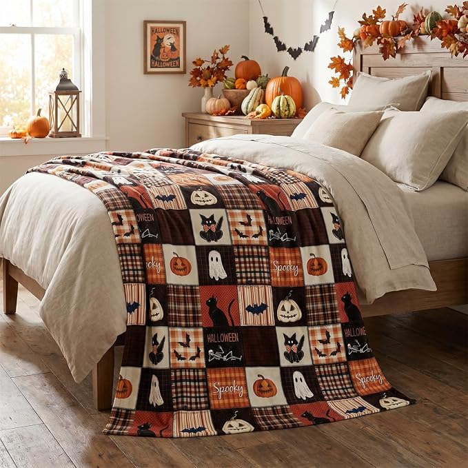 Horaldaily Halloween Grid Pumpkin Cat Bat Ghost Flannel Throw Blanket 40x50 | All Season Using Ultra Soft Fuzzy Plush Cozy Non-shedding Blanket for Couch Sofa Bed Camping, Ideal Gift for Kids Adults