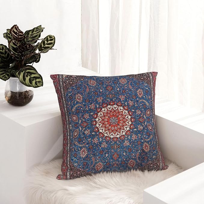 Antique Persian Rug Vintage Blue Print Pillow Covers Decorative Square Throw Pillowcase 18x18 Inch Couch Cushion Cover for Home Decor Living Room Bedroom College Dorm Bed Car Sofa