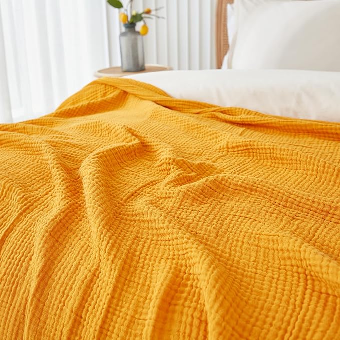 EMME Muslin Blankets for Adults Throw Blanket for Couch Breathable Gauze Soft Lightweight Airy Mustard Yellow Twin XL 66" x 90"