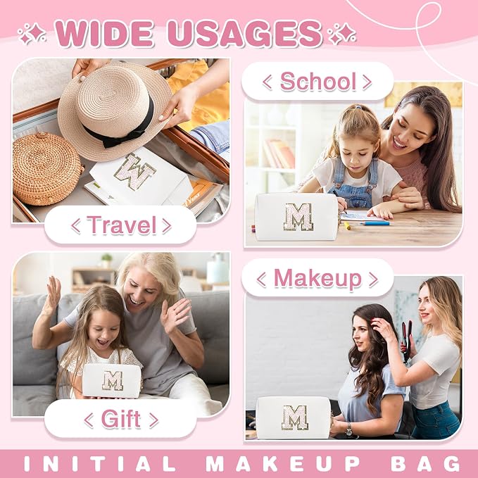 Small Initial Patch Makeup Bag Personalized Gifts Make Up Bag,White Cute PU Leather Glitter Letter Cosmetic Bag with Zipper,Trendy Portable Travel Toiletry Pouch,Preppy Stuff for Teen Girls Women M