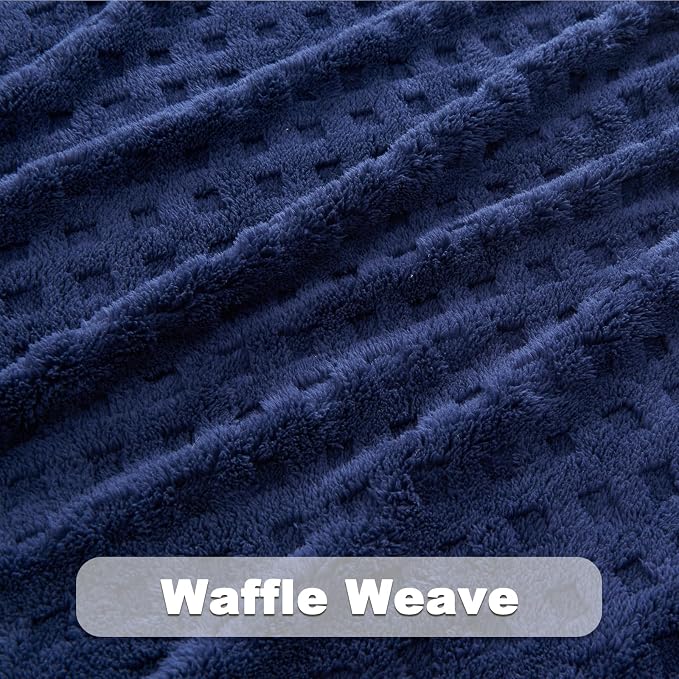 NEWCOSPLAY 3D Waffle Checkered Flannel Queen Blanket, Dark Navy, 90"x90" | Super Soft Cute Lightweight Decorative Premium Silky Fleece Blanket for Couch Sofa Bed, Gift for Women Men, All Season Use