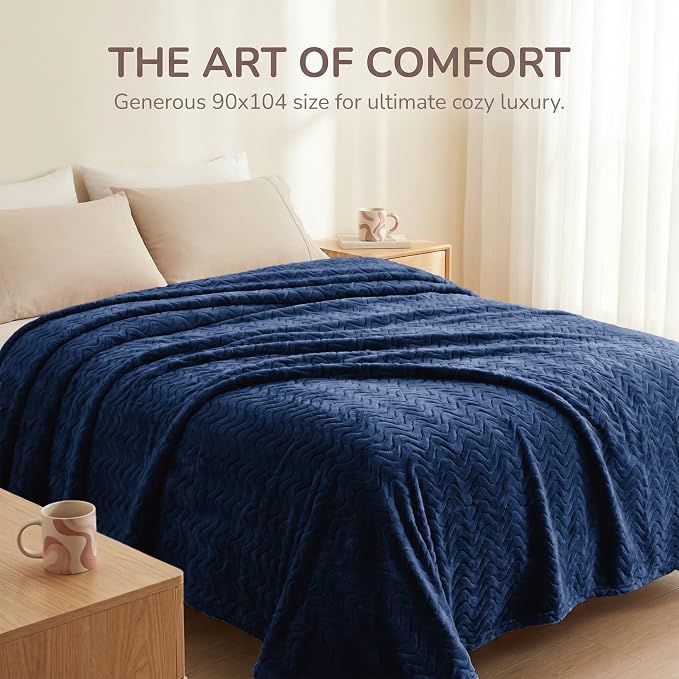 Exclusivo Mezcla Soft Fleece Blanket King Size, Cozy Lightweight Blankets with Decorative Wave Textured Suitable for All Season Use, Navy Blue, 90x104 Inches | 90"x104" Breathable Lightweight Flannel Blanket for Summer, Plush Cozy Jacquard Wave for Hom...
