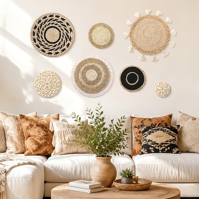 LOMOHOO Set of 7 Boho Wall Basket Decor Wicker Woven Wall Basket Decoration | LOMOHOO Bohemian Handcrafted Round Basket Hanging Decor Bulrush Wall Art Decors for Living Room Rustic Home