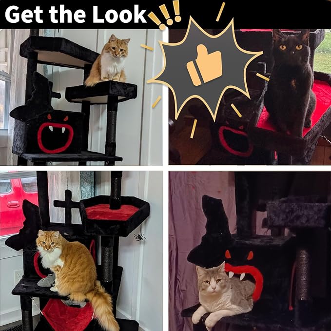 YITAHOME Gothic Cat Tree with Coffin Bed, 63" Tall Cat Tower for Indoor Cats with Top Perch, Spacious Cat Condos, Spider Hanging Balls,Comfy Hammock, Scratching Post and Ladder, Black Halloween | Cat Tower with Top Perch, Spacious Cat Condos, Spider Ha...