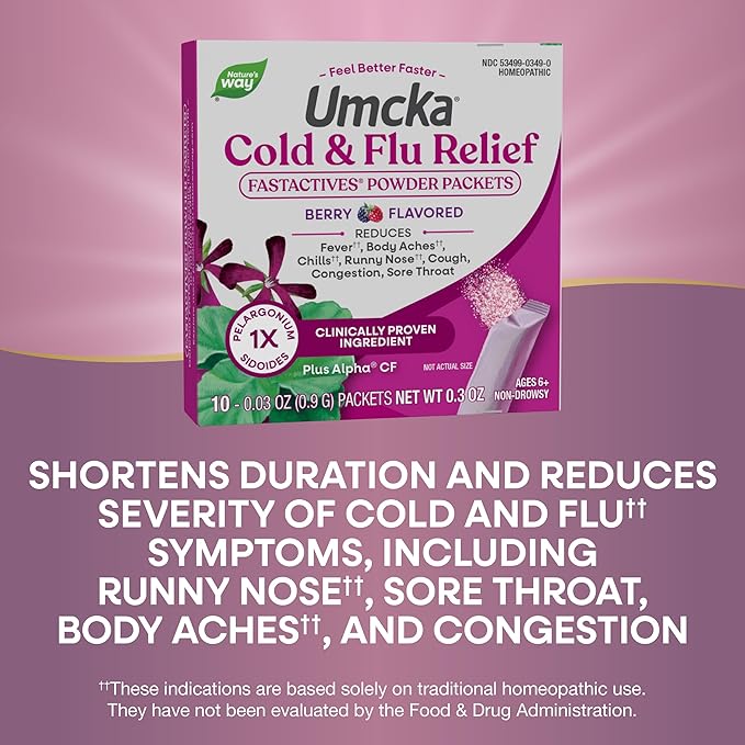 Nature's Way Cold + Flu Relief FastActives, Umcka, Homeopathic, Fever*, Sore Throat, Cough, Congestion, Phenylephrine Free, Non-Drowsy, Berry Flavored, 10 Packets (Packaging May Vary)