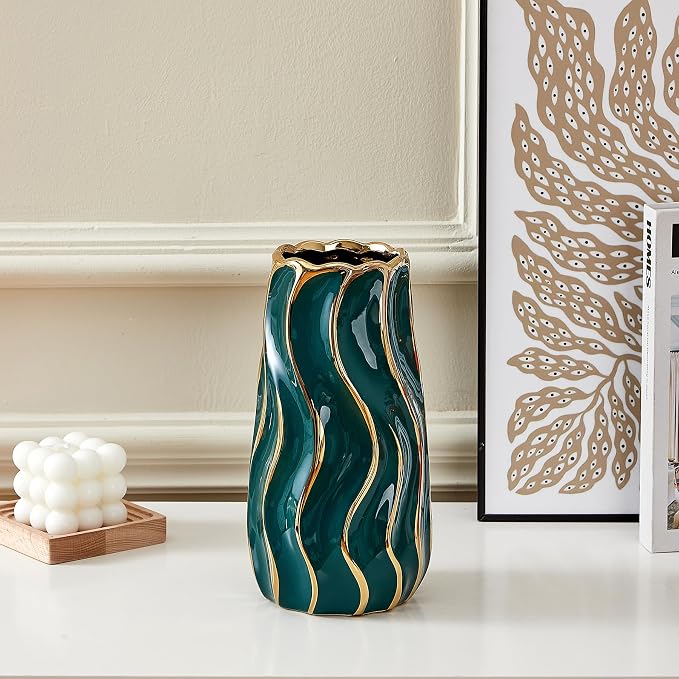 Ceramic Vase, Green Vase for Home Decor,Decorative Flower Vase, Vertical Stripe Ceramic Vases for Home Décor, Bedroom, Office, Living Room, Bathroom, Tabletop Decor, Centerpiece (Green)