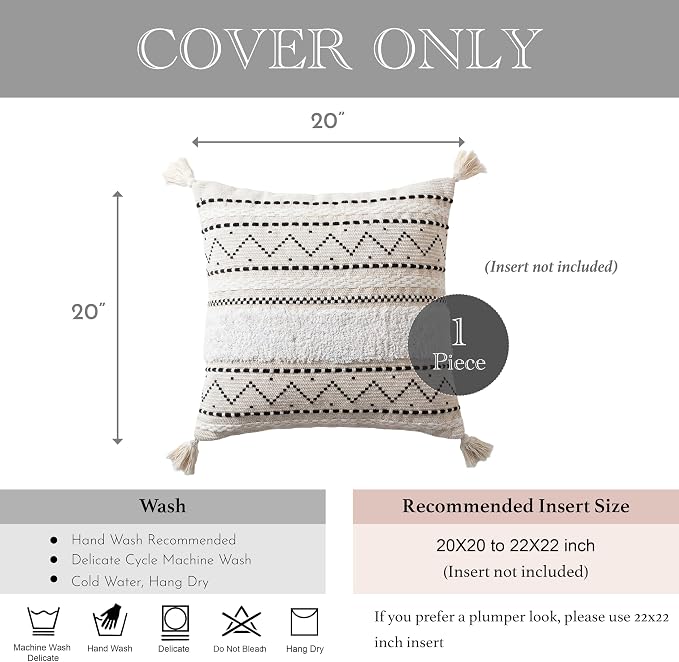20X20 Throw Pillow Cover, Cream Neutral Square Decorative Cushion Cover with Black Pattern, Boho Accent Pillowcase with Tufted Details and Tassels for Couch Sofa Living Room (Cover Only)