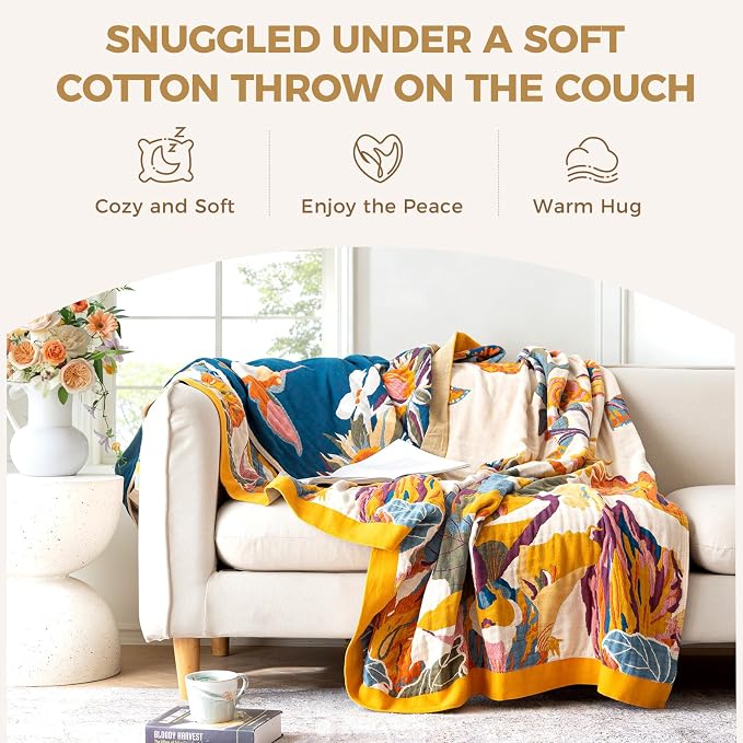 LUTBM Boho Throw Blanket for Couch 50"x60", 100% Cotton Summer Bed Blankets | Reversible Floral Butterfly Jacquard, All-Season, For Chair Sofa Living Room, Lightweight & Breathable Gauze, Bohemian Decor