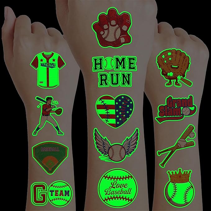 96 PCS Baseball Sports Pre-Cut Luminous Glow in the dark Temporary Tattoos for Kids | Super Cute Baseball Themed Birthday Party Favors, Supplies, Decorations, Fake Tattoo Stickers Gifts for Boys Girls
