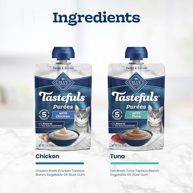 Blue Buffalo Tastefuls Purees Variety Pack Cat Food Topper, 3 oz, 12 ct | Chicken & Tuna Purées (6 of Each), Resealable Twist Cap, Cat Food Complement