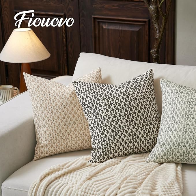 FIOUOVO Floral Pillow Covers 18x18 Pillow Cover Block Print Couch Pillows for Living Room Decorative Neutral Accent Throw Pillow Covers, 1PC, Cognac Brown