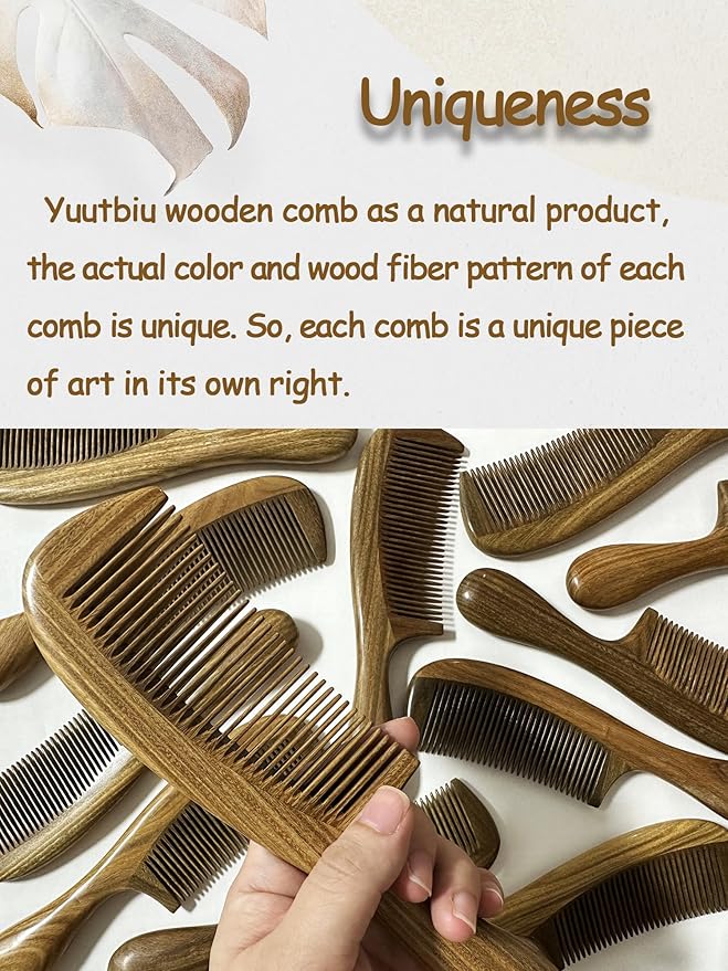 Yuutbiu Sharp Fine Tooth Green Sandalwood Comb with Handle - Wooden Thin Hair Detangler Brush for Smoothing & Precision Hair Styling (Anti-Static & Durable)