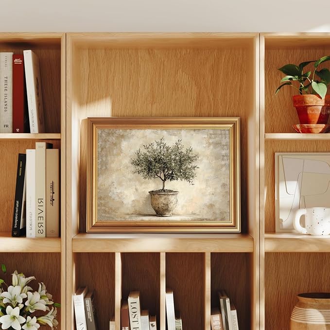 JLTULT Olive Tree Wall Art, Gold Framed Botanical Canvas, 12 x 16 Inches | Potted olive tree art on fade-resistant canvas with a ready-to-hang gold-tone PS frame for kitchens, dining rooms and offices