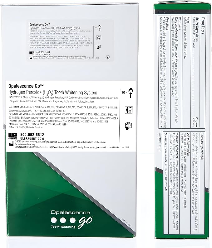 Opalescence Go 10% Whitening Bundle - (10 Treatments) Hydrogen Peroxide 10% Prefilled Whitening Trays and Whitening Toothpaste - Made by Ultradent Products. Teeth Whitening Kit -Mint- 5194-5166