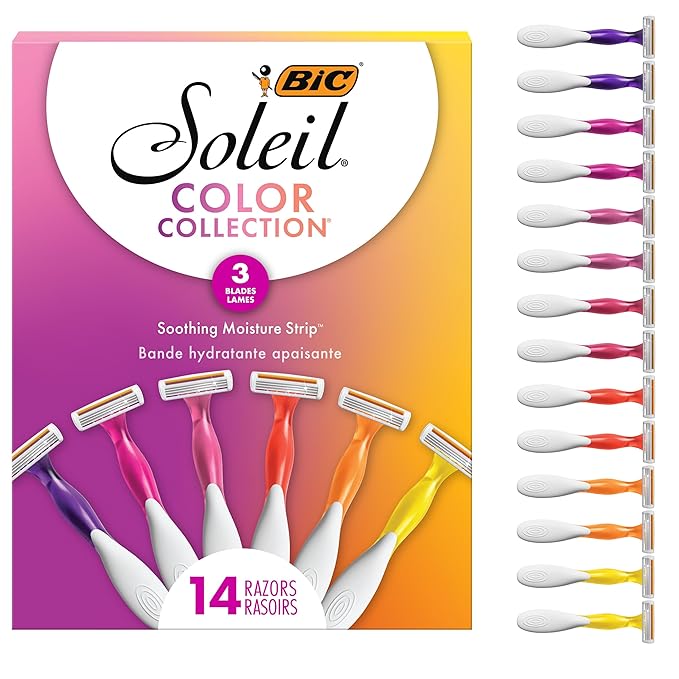 BIC Soleil 3 Colors Women's Disposable with 3 Blade Razors, Aloe Vera and Vitamin E Lubricating Strip for Enhanced Glide, 14-Pack, Stocking Stuffers for Women