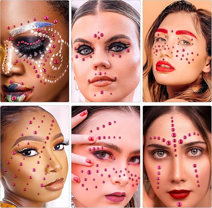 591pcs Face Gems Hair Gems Pearls, Self-Adhesive Face Jewels Eye Rhinestones 3/4/5/6/8 mm Face Gem Stick on, Halloween Makeup Gems Rave Accessories for Face Eyes Body Makeup (01.Rose red)