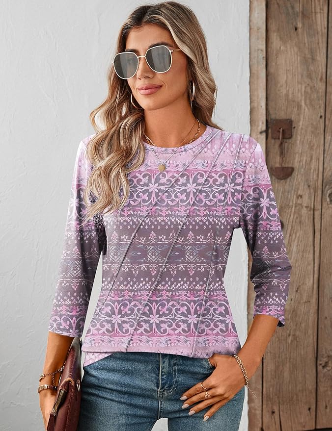 LOMON 3/4 Length Sleeve Womens Tops Spring Summer Fashion 2026 Tops Crew Neck Pleated Shirts Tunic Top Loose Fit