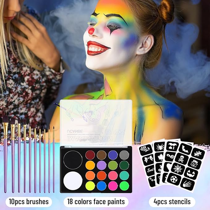 UCANBE Face Painting Kit for Kids & Adult-18 Colors Non-Toxic Water Based Face Body Paint Palette with Paint Brushes&Stencils, Professional Facepaint Set for Halloween SFX Makeup, Cosplay & Costume