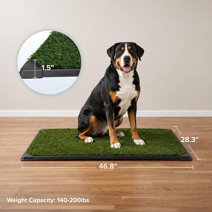 PETMAKER Reusable 3-Layer Large Dog Grass Pad with Tray, 46.75” x 28.25” | Dog Litter Box for Indoor and Outdoor Use, Easy to Clean Washable Pet Turf Artificial Grass Pad for Puppy Potty Training