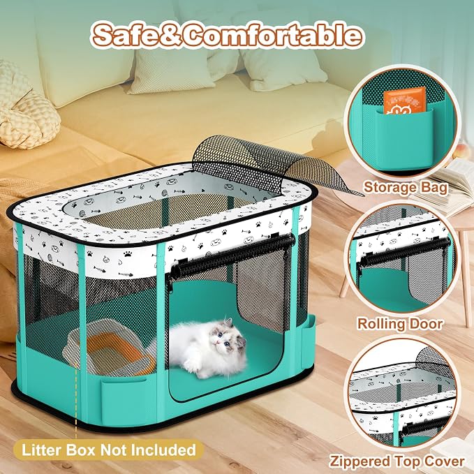 Portable Cat Playpen, 8-Rod Reinforced Kitten Dog Playpens, Foldable Play Pen for Indoor Cats Enclosed Pet Puppy Doggy Outdoor, Collapsible Tent Kennel Cage House(32"x24"x22")