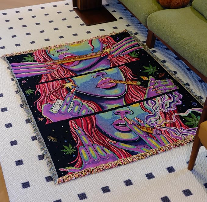 Trippy Throw Blanket for Couch Bed Lounge Chair Hippy Trippy Boho Chair Throw Blanket Hippie Hippy Wall Tapestry Woven Throws Blankets Smoking Weed Accessories Marijuana Cannabis Boho Room Decor 51x59