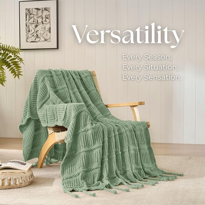 Boho Knitted Chenille Blanket with Tassels - Lightweight & Soft All-Season Throw - 3D Classic Pattern for Living Room Bedroom Couch, Sage Green, Queen 90"x90"