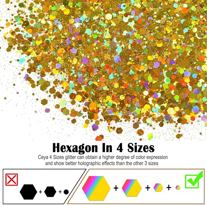 Ceya Holographic Chunky Glitter, 4.9oz/ 140g Lazurite Gold Craft Glitter Powder Mixed Fine Flakes Iridescent Nail Sequins for Nail Art, Hair, Epoxy Resin, Tumblers, Slime, Painting, Festival Decor