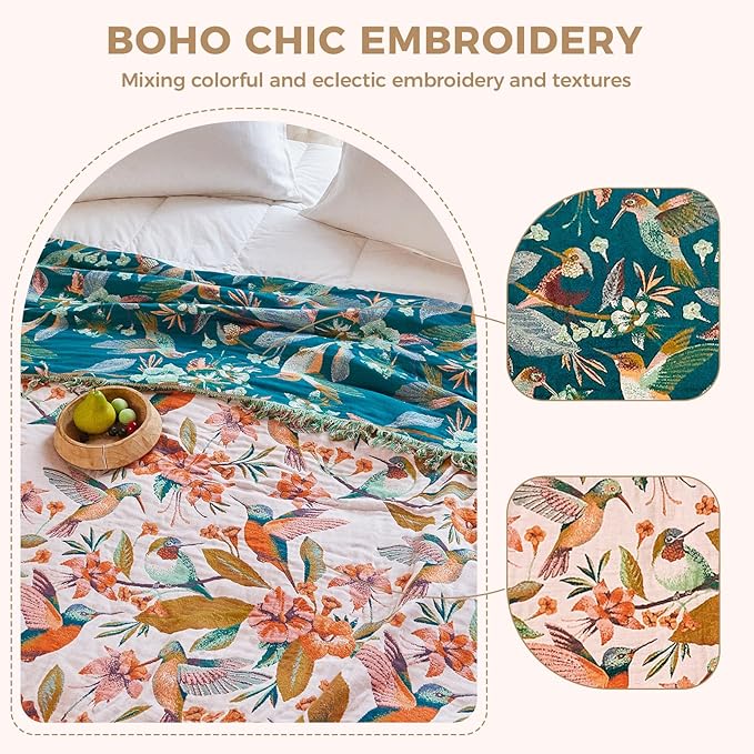 LUTBM Boho Throw Blanket for Bed 60"x80", 100% Cotton Soft Couch Blankets | Reversible Floral Bird Jacquard, All-Season Lightweight Breathable Twin Quilt, For Chair Sofa Bedroom Living Room, Home Decor