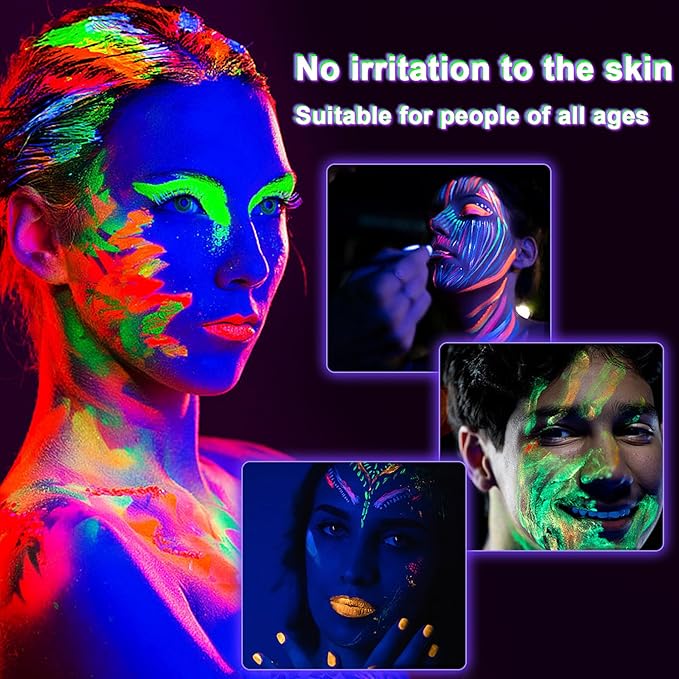 Glow in The Dark Face Body Paint, Glow In The Dark Under UV Black Light Sticks Makeup Neon Face Painting Kits for Adult Halloween Festival Accessory Glow Party Supplies (12 color)