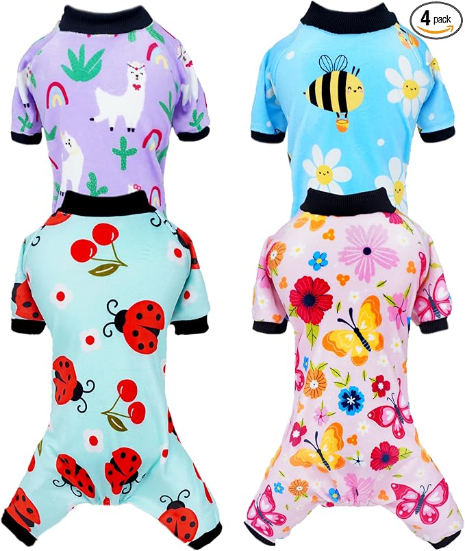 PET SHOW 4 Pack Spring Fleece Dog Pajamas Warm for Extra Small Dogs | Soft stretchy dogs onesies,boy girl pjs with sleeve,holiday jumpsuit costume for small pets cats,XS