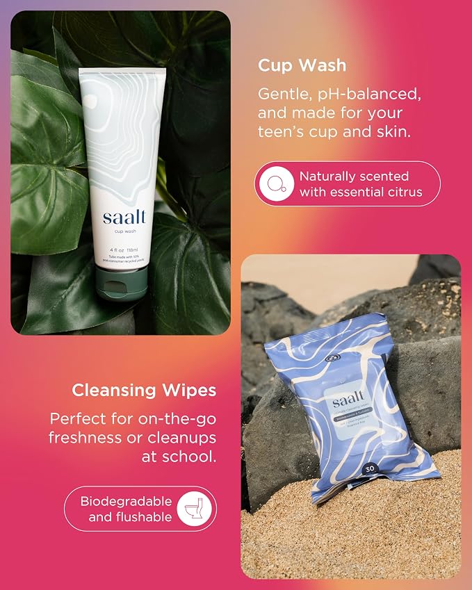 Saalt Teen First Period Kit - Includes Leakproof Period Underwear, Menstrual Cup, Menstrual Cup Wash, Compact Sanitizer, Feminine Wipes, Storage Bag, Saalt Stickers & Period Care 101 Booklet - Medium