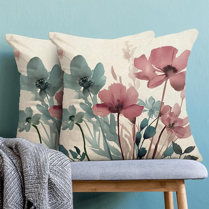 Spring Floral Pillow Covers 18x18 Inches Set of 2 Blue Pink Floral Throw Pillow Covers Outdoor Rustic Summer Flower Decor Pillowcase Farmhouse Decorative Cushion Cover for Home Sofa Couch