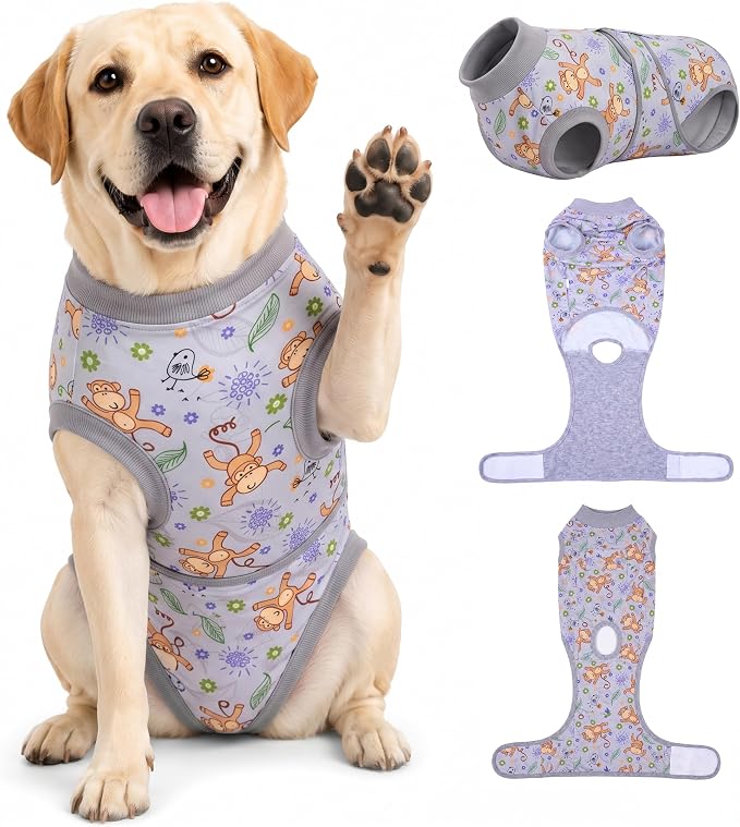 PetWarm Recovery Suit for Dogs, Dog Surgical Recovery Suit Female and Male, Dog Onesie for Surgery, Anti-Licking Dog Surgery Recovery Suit, Monkey Pattern, Grey, 2XL