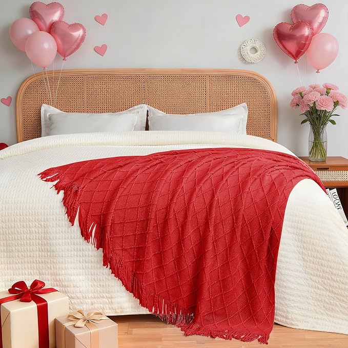 inhand Red Knitted Throw Blanket for Couch and Bed, 60"x80" | Gifts for Mom from Daughter Son, Soft Lightweight with Tassels, Farmhouse Warm Decorative Blanket for Women, Cozy Knit