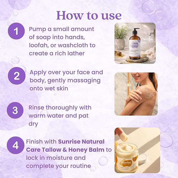 Tallow & Honey Liquid Soap – Lavender + Rosemary – Natural Face, Body & Hand Wash – Grass-Fed Beef Tallow Cleanser – Gentle Moisturizing Soap – 16 oz