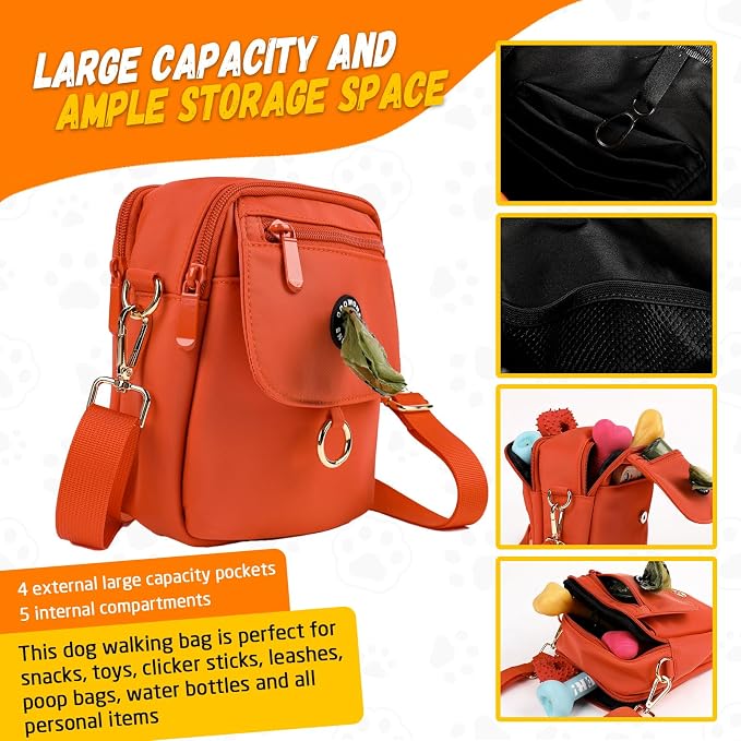 Dog Walking Bag Crossbody Waterproof & Lightweight Treat Pouch for Pet Training, Puppy Treat Tote, Dog Mom Purse (Orange 1.0)