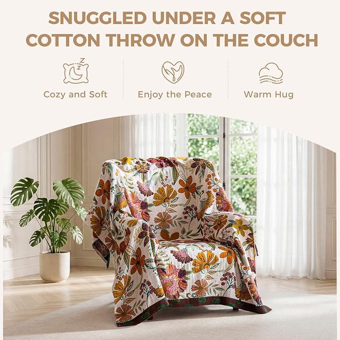 LUTBM Boho Throw Blanket for Bed 60"x80", 100% Cotton Cozy Couch Blankets | Reversible Floral Leave Jacquard, All-Season Twin Quilt, For Chair Sofa Living Room Decor, Lightweight Breathable, Home Decor