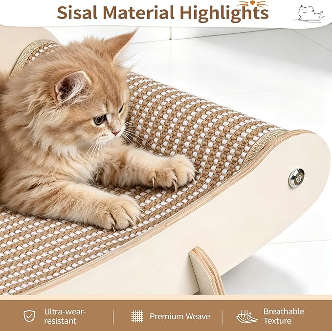Sisal Cat Scratcher Bed, 3-in-1 Cat Lounger and 23.6" Large Scratching Pad with Hammock for Indoor Cats, Durable Wooden Frame & Natural Sisal Scratcher, Furniture Protector