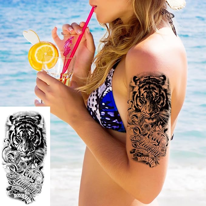 82 Sheets 3D Flowers Temporary Tattoos for Women Adult, Including 12 Sheets Large Fake Tattoos That Look Real and Last Long, Waterproof Rose Moon Butterfly Tiger Snake and Flowers Tattoos