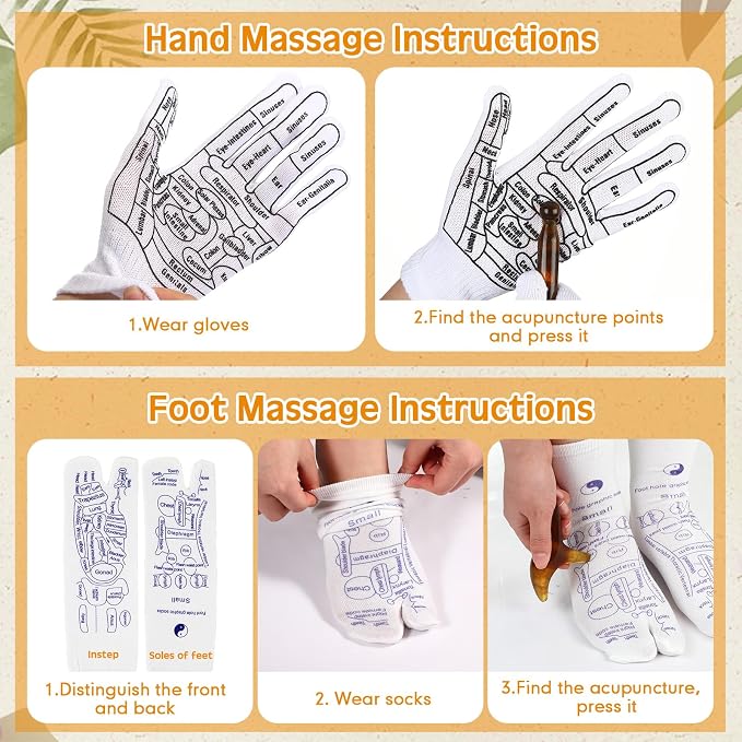 Threlaco 16 Pcs Reflexology Socks and Gloves with Tools Foot Reflexology Socks with Acupressure Gloves & 8 Pcs Massage Point Tools Foot Relief Acupressure Massager Set for Women and Men(Amber)