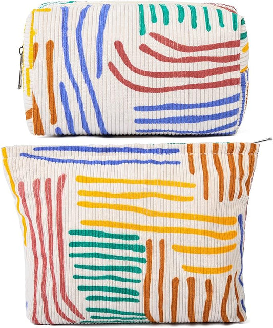 SOIDRAM 2 Pieces Stripes Makeup Bag Large Corduroy Cosmetic Bag Capacity Canvas Mix Travel Toiletry Bag Organizer Cute Makeup Brushes Aesthetic Accessories Storage Bag for Women, Stripes Mix Colorful