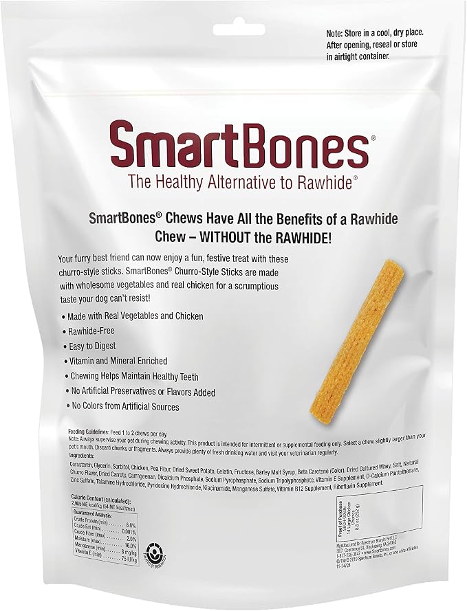 SmartBones Churro-Style Sticks Rawhide-Free Dog Treat, Chicken, 14 Count | With Real Peanut Butter & Chicken, Easy To Digest Chew, No Artificial Preservatives or Flavors, For Adult Dogs