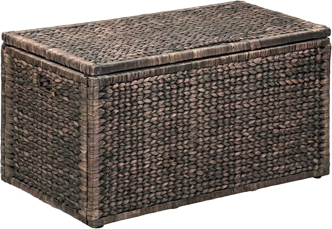Wicker Storage Trunk, Brown Wash, 36x20x18.5 | 2 Safety Hinghes, Metal Frame, Heavy-duty, Water Hyacinth