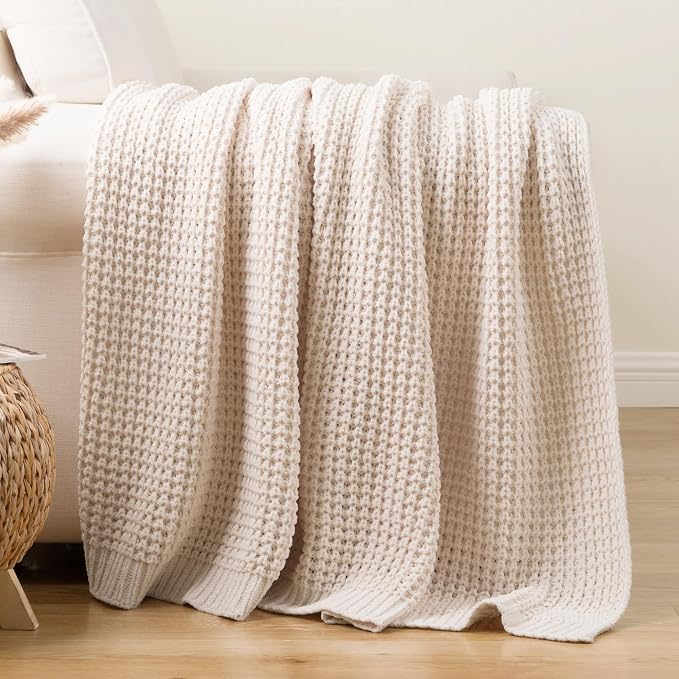 Cream White Throw Blanket for Couch Bed, Waffle Knit Throw Blanket 60"x80" | Ivory Chunky Chenille Throw Blanket, Modern Farmhouse Knitted Blankets, Warm Decorative White Blanket Throw for Home Decor