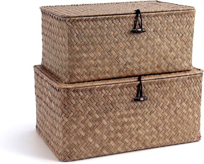 Nonam Storage Basket with Lid, Natural Seagrass Bin with Lid Set of 2, Shelf Baskets Multipurpose Container for Boho Decoration, Rectangular Household Storage Boxes for Home Organization-Coffee