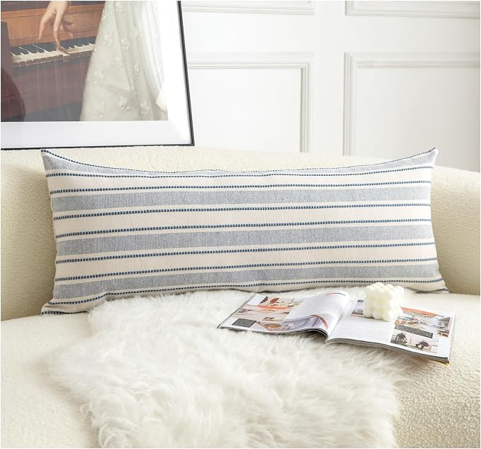 Cethom Decorative Boho Lumbar Pillow Covers, Modern Farmhouse Couch Pillowcase, 14 x 36 Long Accent Body Throw Pillow Covers, Sofa Bed Living Room Decor Cushion Case, Blue and Beige, Pack of 1