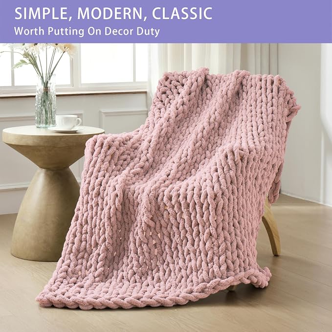Bigacogo Chunky Knit Throw Blanket for Couch, 60x80 inches, Dusty Pink | Hand Knit with Jumbo Chenille, Soft Breathable Cable Knit for Sofa Bed Living Room, Machine Washable, Gift for Mom Friend