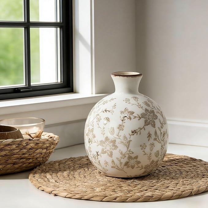 5.98" Ceramic Flower Decorative Antique Vase, Vintage Rustic Chinoiserie Floral Vase for Home Decor, Living Room, Bookshelf, Office, Entryway, Garden, Chinoiserie Decor, Tuscan Decor