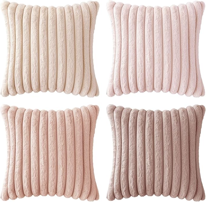 MIULEE Faux Fur Plush Decorative Throw Pillow Covers 20x20, Pink | Set of 4, Striped, Soft Cute Romantic Modern Cozy Home Decor, Cushion Cases for Sofa Couch Bed Living Room